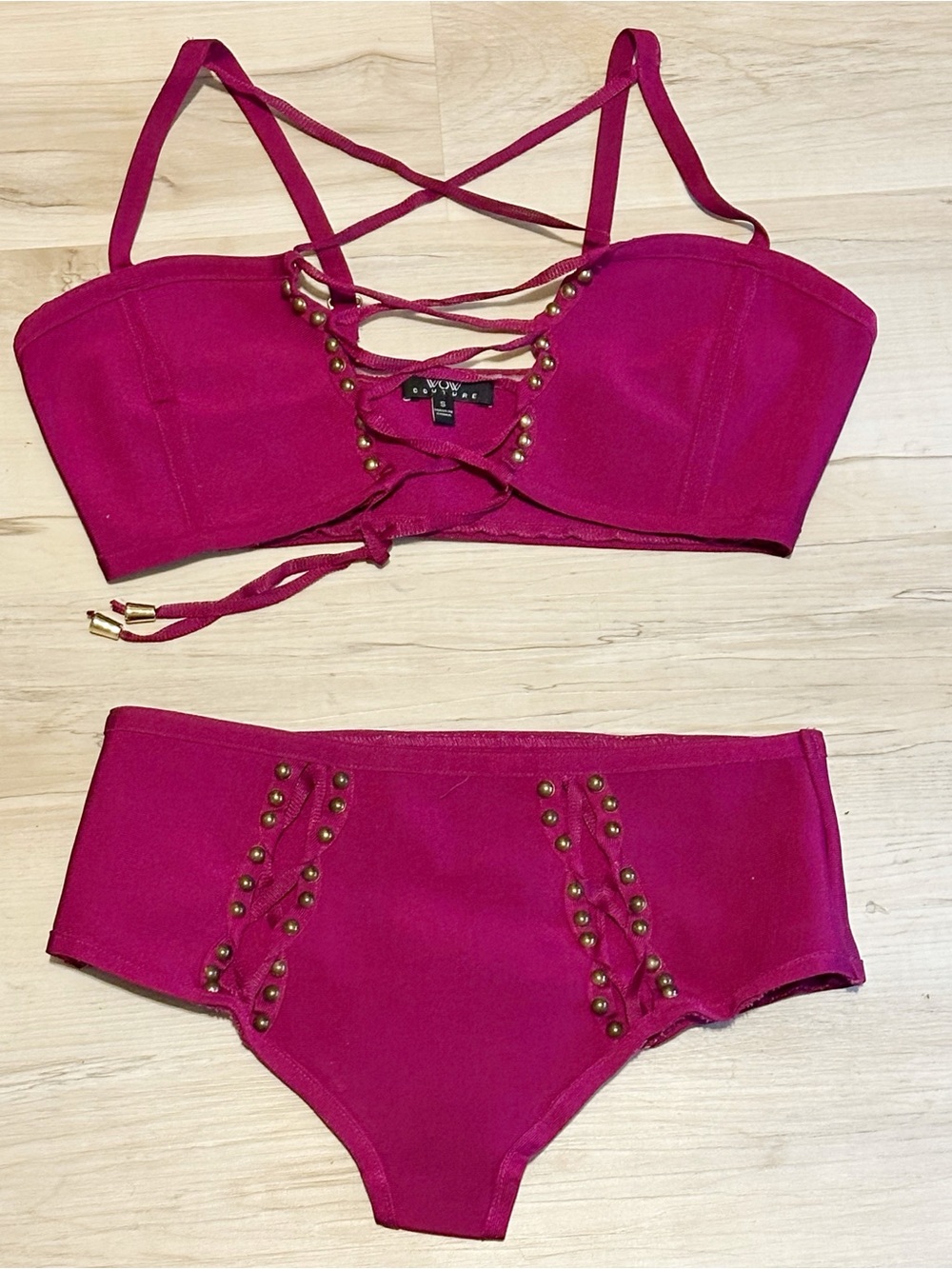Fuchsia Two-Piece Bikini Set with Gold Studs